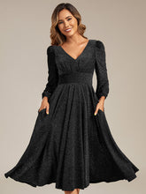 Load image into Gallery viewer, Color=Black | Fast Delivery Long Sleeve V-Neck Gathered A-Line Midi Wedding Guest Dresses-Black 11