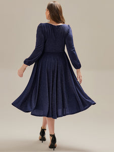 Color=Navy Blue | Fast Delivery Long Sleeve V-Neck Gathered A-Line Midi Wedding Guest Dresses-Navy Blue 27