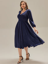 Load image into Gallery viewer, Color=Navy Blue | Fast Delivery Long Sleeve V-Neck Gathered A-Line Midi Wedding Guest Dresses-Navy Blue 29