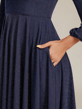 Load image into Gallery viewer, Color=Navy Blue | Fast Delivery Long Sleeve V-Neck Gathered A-Line Midi Wedding Guest Dresses-Navy Blue 28
