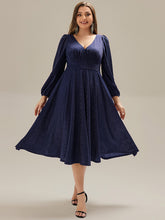 Load image into Gallery viewer, Color=Navy Blue | Fast Delivery Long Sleeve V-Neck Gathered A-Line Midi Wedding Guest Dresses-Navy Blue 26
