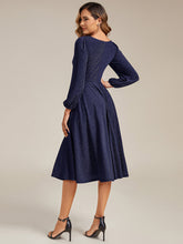 Load image into Gallery viewer, Color=Navy Blue | Fast Delivery Long Sleeve V-Neck Gathered A-Line Midi Wedding Guest Dresses-Navy Blue 22