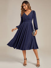 Load image into Gallery viewer, Color=Navy Blue | Fast Delivery Long Sleeve V-Neck Gathered A-Line Midi Wedding Guest Dresses-Navy Blue 25