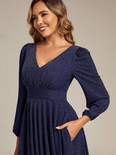 Load image into Gallery viewer, Color=Navy Blue | Fast Delivery Long Sleeve V-Neck Gathered A-Line Midi Wedding Guest Dresses-Navy Blue 23
