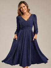 Load image into Gallery viewer, Color=Navy Blue | Fast Delivery Long Sleeve V-Neck Gathered A-Line Midi Wedding Guest Dresses-Navy Blue 21