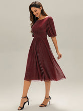 Load image into Gallery viewer, Color=Burgundy | Half Sleeve Gathered A-Line Midi Length Wedding Guest Dresses-Burgundy 4