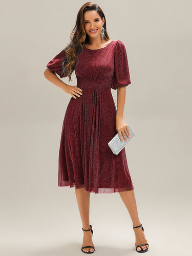 Color=Burgundy | Half Sleeve Gathered A-Line Midi Length Wedding Guest Dresses-Burgundy 1