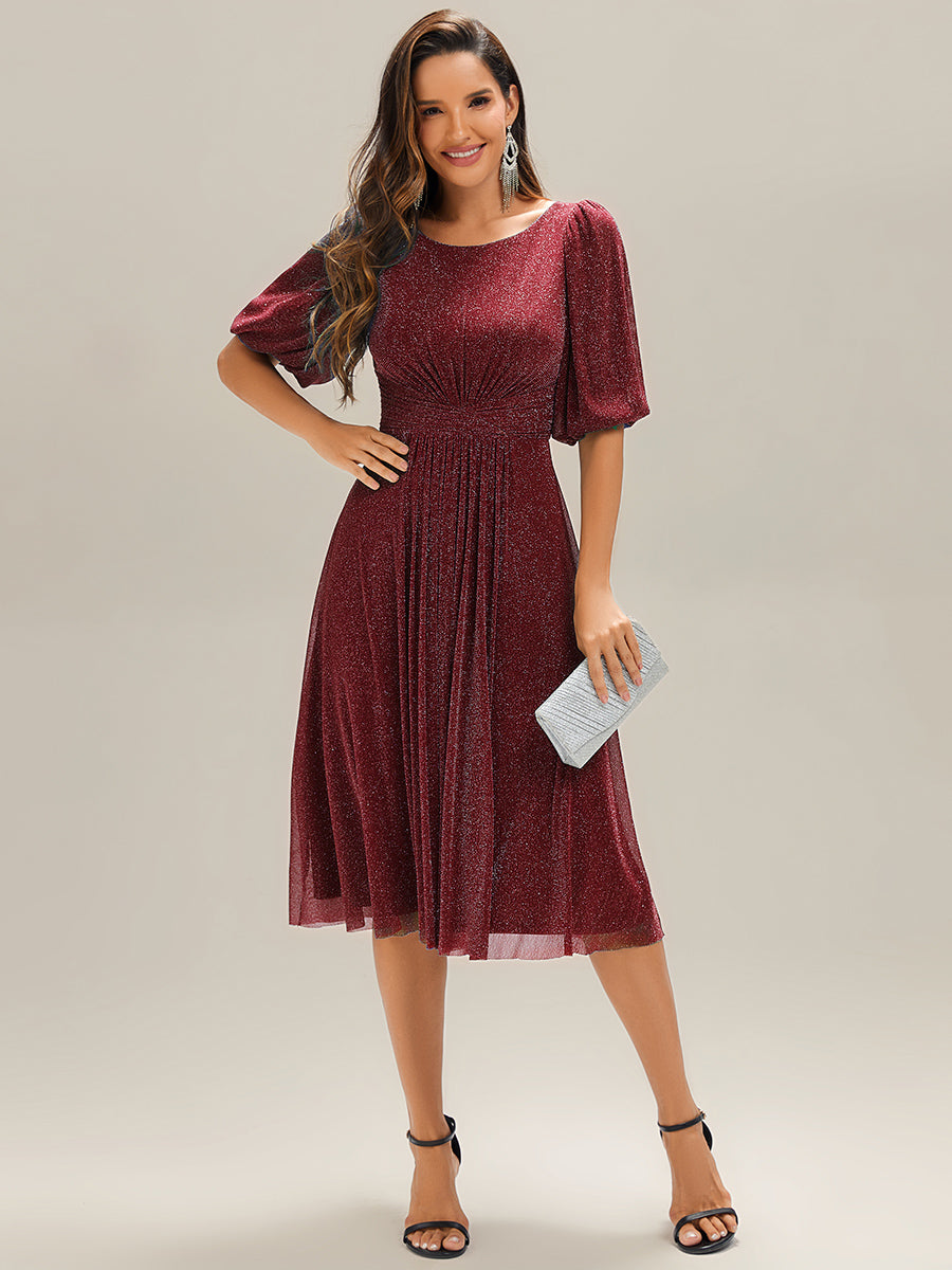 Color=Burgundy | Half Sleeve Gathered A-Line Midi Length Wedding Guest Dresses-Burgundy 1