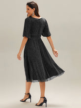 Load image into Gallery viewer, Color=Black |Half Sleeve Gathered A-Line Midi Length Wedding Guest Dresses-Black 12