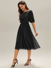Load image into Gallery viewer, Color=Black |Half Sleeve Gathered A-Line Midi Length Wedding Guest Dresses-Black 14