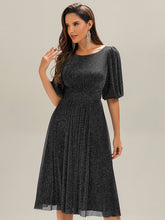 Load image into Gallery viewer, Color=Black |Half Sleeve Gathered A-Line Midi Length Wedding Guest Dresses-Black 15