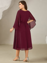 Load image into Gallery viewer, Color=Burgundy | Volume Discounts Plus Size 3/4 Sleeve Ruffle Deep V-Neck A-Line Midi Wedding Guest Dresses-Burgundy 2