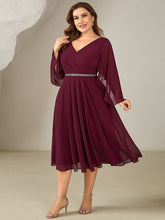 Load image into Gallery viewer, Color=Burgundy | Volume Discounts Plus Size 3/4 Sleeve Ruffle Deep V-Neck A-Line Midi Wedding Guest Dresses-Burgundy 4