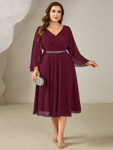Load image into Gallery viewer, Color=Burgundy | Volume Discounts Plus Size 3/4 Sleeve Ruffle Deep V-Neck A-Line Midi Wedding Guest Dresses-Burgundy 5
