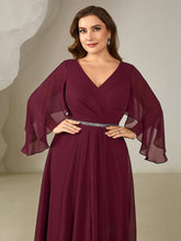 Load image into Gallery viewer, Color=Burgundy | Volume Discounts Plus Size 3/4 Sleeve Ruffle Deep V-Neck A-Line Midi Wedding Guest Dresses-Burgundy 3