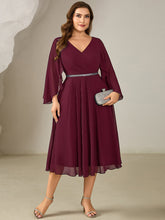 Load image into Gallery viewer, Color=Burgundy | Volume Discounts Plus Size 3/4 Sleeve Ruffle Deep V-Neck A-Line Midi Wedding Guest Dresses-Burgundy 1