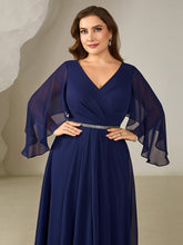 Load image into Gallery viewer, Color=Navy Blue | Volume Discounts Plus Size 3/4 Sleeve Ruffle Deep V-Neck A-Line Midi Wedding Guest Dresses-Navy Blue 13