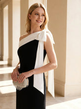 Load image into Gallery viewer, Color=Ivory-Black | B2B-Exclusive Asymmetrical Sleeveless High Stretch Sheath Floor Length Wedding Guest Dress 11
