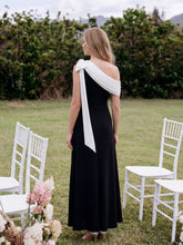 Load image into Gallery viewer, Color=Ivory-Black | B2B-Exclusive Asymmetrical Sleeveless High Stretch Sheath Floor Length Wedding Guest Dress 14