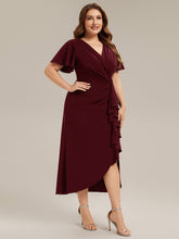 Load image into Gallery viewer, Color=Burgundy | Volume Discounts Short Sleeve Ruffle Deep V-Neck Bodycon Maxi Wedding Guest Dresses-Burgundy 9