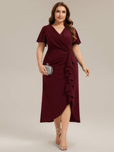 Load image into Gallery viewer, Color=Burgundy | Volume Discounts Short Sleeve Ruffle Deep V-Neck Bodycon Maxi Wedding Guest Dresses-Burgundy 10