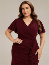 Load image into Gallery viewer, Color=Burgundy | Volume Discounts Short Sleeve Ruffle Deep V-Neck Bodycon Maxi Wedding Guest Dresses-Burgundy 8