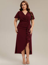 Load image into Gallery viewer, Color=Burgundy | Volume Discounts Short Sleeve Ruffle Deep V-Neck Bodycon Maxi Wedding Guest Dresses-Burgundy 6