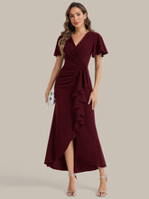 Load image into Gallery viewer, Color=Burgundy | Volume Discounts Short Sleeve Ruffle Deep V-Neck Bodycon Maxi Wedding Guest Dresses-Burgundy 4