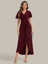 Load image into Gallery viewer, Color=Burgundy | Volume Discounts Short Sleeve Ruffle Deep V-Neck Bodycon Maxi Wedding Guest Dresses-Burgundy 5