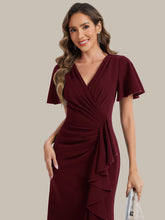 Load image into Gallery viewer, Color=Burgundy | Volume Discounts Short Sleeve Ruffle Deep V-Neck Bodycon Maxi Wedding Guest Dresses-Burgundy 3