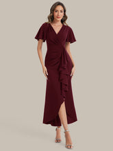 Load image into Gallery viewer, Color=Burgundy | Volume Discounts Short Sleeve Ruffle Deep V-Neck Bodycon Maxi Wedding Guest Dresses-Burgundy 1