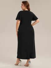 Load image into Gallery viewer, Color=Black | Fast Delivery Short Sleeve Ruffle Deep V-Neck Bodycon High-Low Wedding Guest Dresses-Black 7