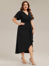 Load image into Gallery viewer, Color=Black | Fast Delivery Short Sleeve Ruffle Deep V-Neck Bodycon High-Low Wedding Guest Dresses-Black 9