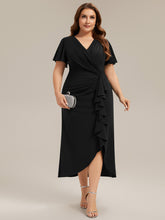 Load image into Gallery viewer, Color=Black | Fast Delivery Short Sleeve Ruffle Deep V-Neck Bodycon High-Low Wedding Guest Dresses-Black 10