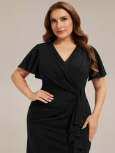 Load image into Gallery viewer, Color=Black | Fast Delivery Short Sleeve Ruffle Deep V-Neck Bodycon High-Low Wedding Guest Dresses-Black 8