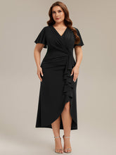Load image into Gallery viewer, Color=Black | Fast Delivery Short Sleeve Ruffle Deep V-Neck Bodycon High-Low Wedding Guest Dresses-Black 6