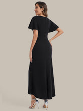 Load image into Gallery viewer, Color=Black | Fast Delivery Short Sleeve Ruffle Deep V-Neck Bodycon High-Low Wedding Guest Dresses-Black 2