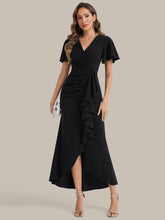 Load image into Gallery viewer, Color=Black | Fast Delivery Short Sleeve Ruffle Deep V-Neck Bodycon High-Low Wedding Guest Dresses-Black 4