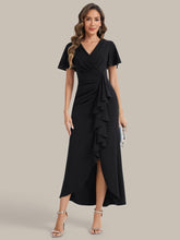 Load image into Gallery viewer, Color=Black | Fast Delivery Short Sleeve Ruffle Deep V-Neck Bodycon High-Low Wedding Guest Dresses-Black 5