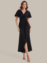 Load image into Gallery viewer, Color=Black | Fast Delivery Short Sleeve Ruffle Deep V-Neck Bodycon High-Low Wedding Guest Dresses-Black 1