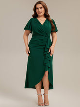 Load image into Gallery viewer, Color=Dark Green | Volume Discounts Short Sleeve Ruffle Deep V-Neck Bodycon Maxi Wedding Guest Dresses-Dark Green 16
