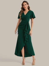 Load image into Gallery viewer, Color=Dark Green | Volume Discounts Short Sleeve Ruffle Deep V-Neck Bodycon Maxi Wedding Guest Dresses-Dark Green 14