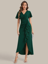 Load image into Gallery viewer, Color=Dark Green | Volume Discounts Short Sleeve Ruffle Deep V-Neck Bodycon Maxi Wedding Guest Dresses-Dark Green 15