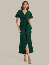 Load image into Gallery viewer, Color=Dark Green | Volume Discounts Short Sleeve Ruffle Deep V-Neck Bodycon Maxi Wedding Guest Dresses-Dark Green 11