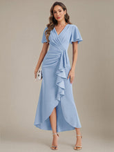 Load image into Gallery viewer, Color=Ice Blue | Volume Discounts Short Sleeve Ruffle Deep V-Neck Bodycon Maxi Wedding Guest Dresses 3