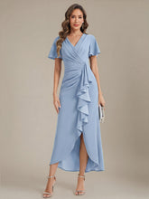 Load image into Gallery viewer, Color=Ice Blue | Volume Discounts Short Sleeve Ruffle Deep V-Neck Bodycon Maxi Wedding Guest Dresses 4