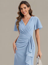 Load image into Gallery viewer, Color=Ice Blue | Volume Discounts Short Sleeve Ruffle Deep V-Neck Bodycon Maxi Wedding Guest Dresses 5