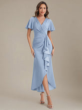 Load image into Gallery viewer, Color=Ice Blue | Volume Discounts Short Sleeve Ruffle Deep V-Neck Bodycon Maxi Wedding Guest Dresses 1