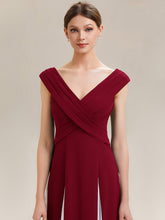 Load image into Gallery viewer, Color=Dark Red | Factory Design Short Sleeves V-Neck High Stretch A-Line Floor Length Wedding Guest Dresses-Dark Red 3