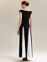 Load image into Gallery viewer, Color=Ivory-Black | Factory Design Short Sleeve V-Neck High Stretch A-Line Floor Length Wedding Guest Dresses-Ivory-Black 2